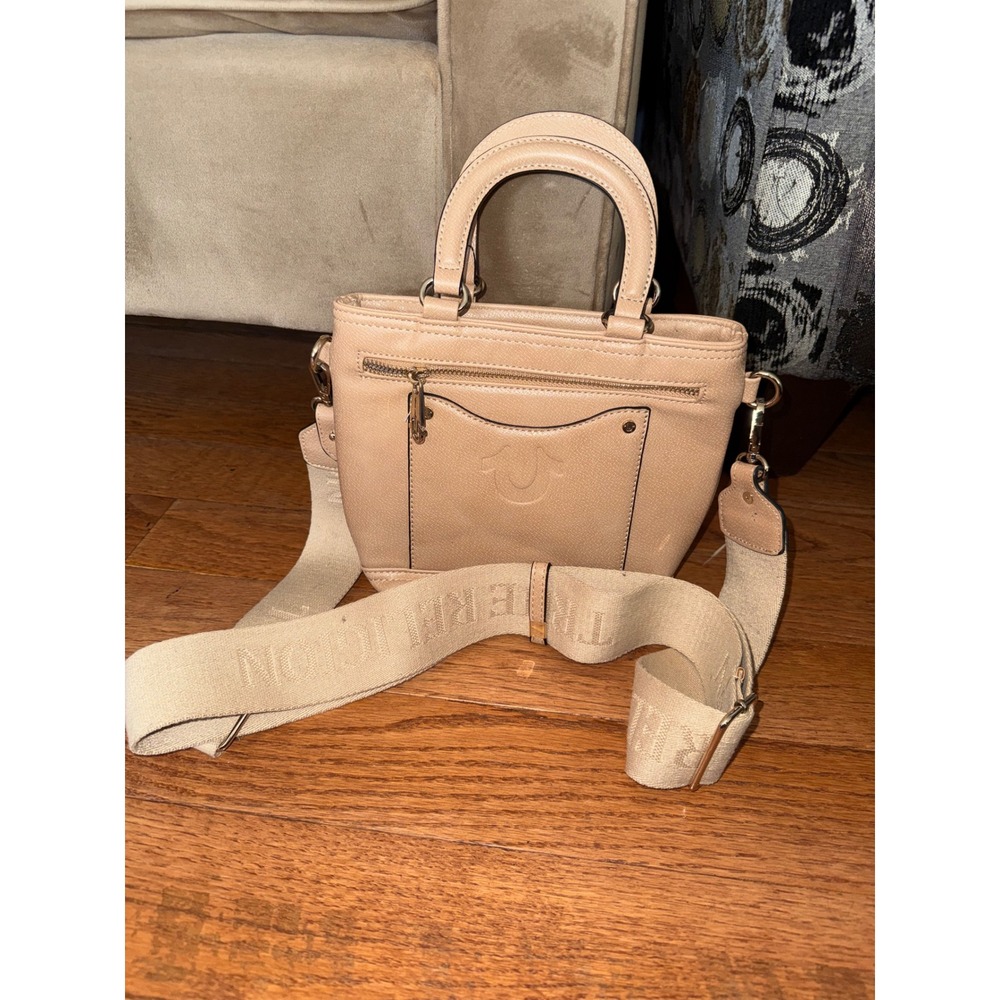 True Religion Tan Faux Leather Crossbody Satchel Bag with Webbed Logo Strap